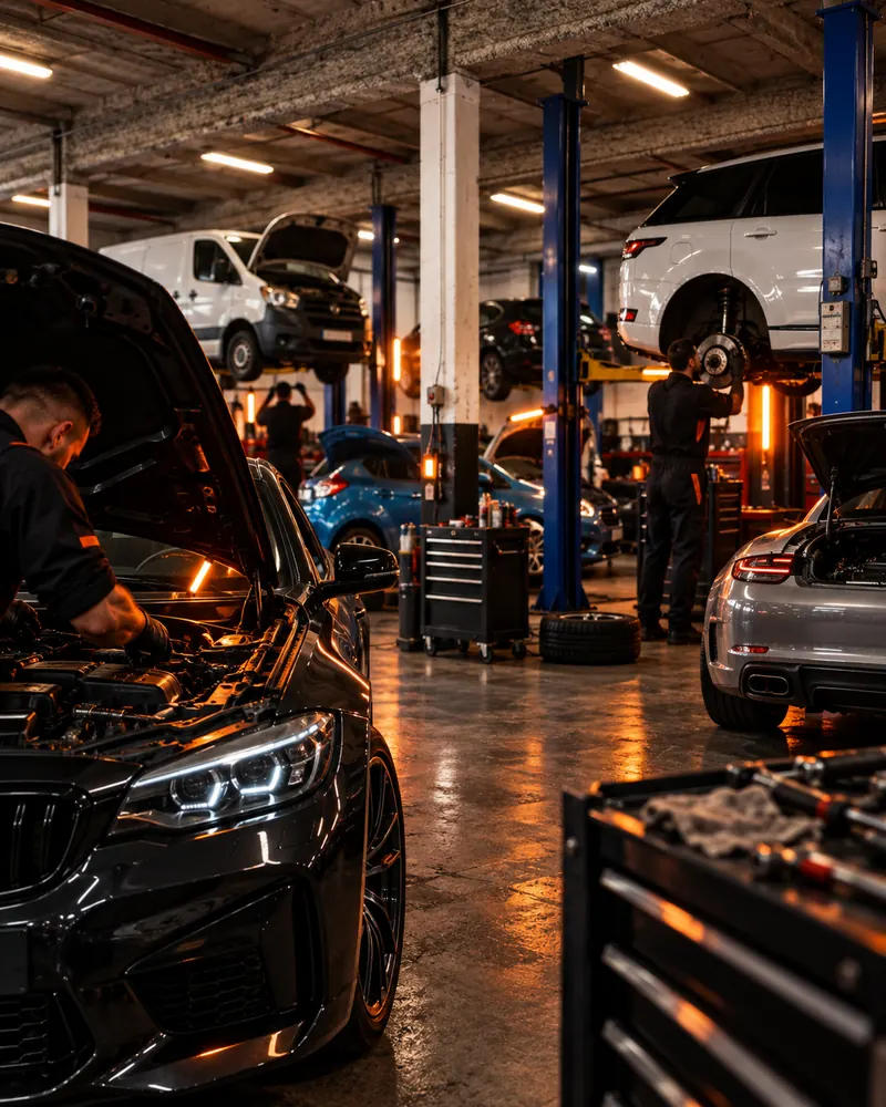 Workshop with cars and vans on lifts