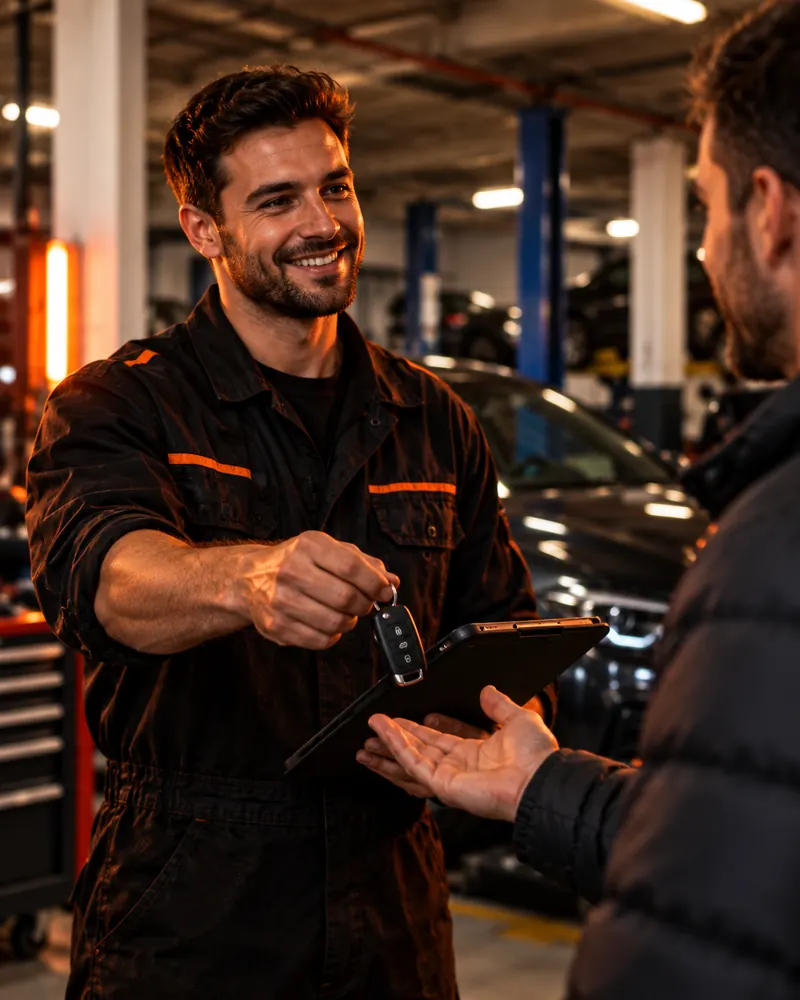 Mechanic handing car keys back to a customer