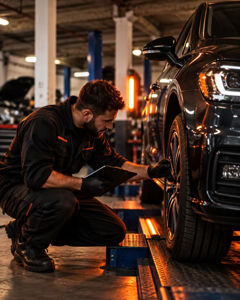 Technician checking a car wheel and tyre during an MOT test