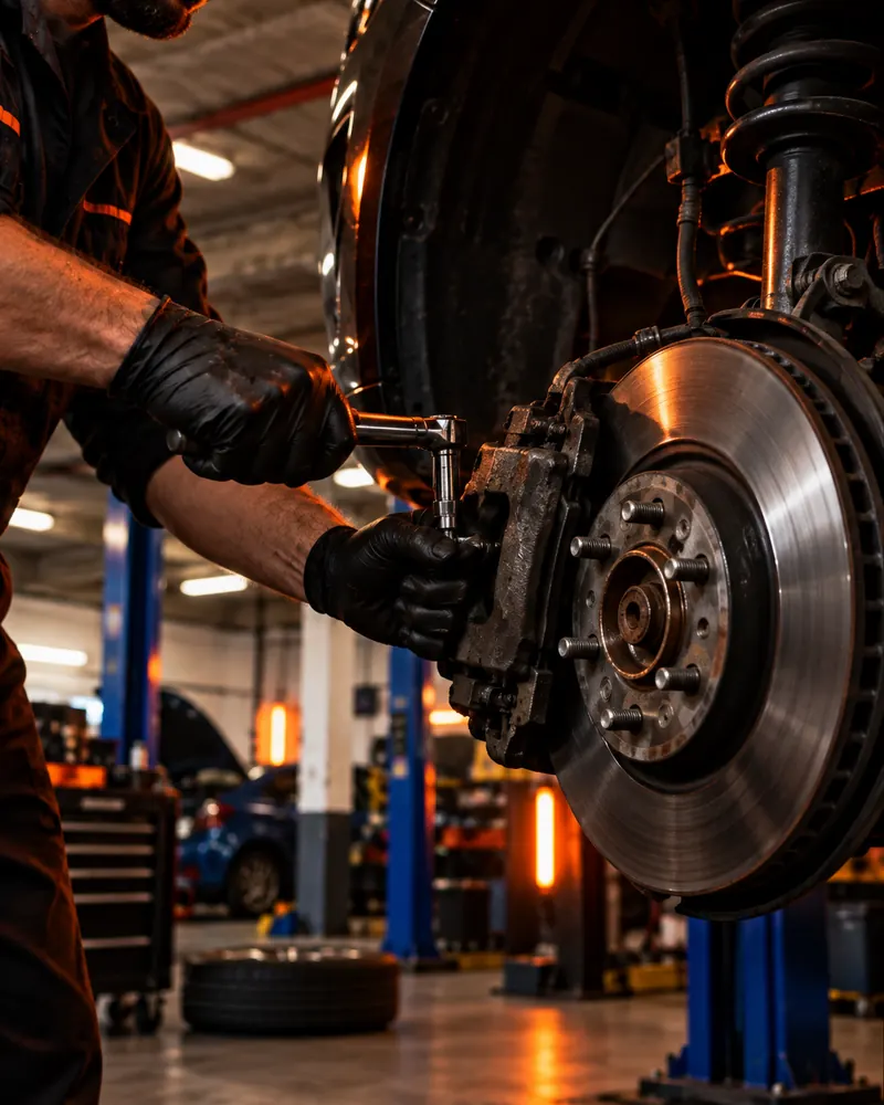 Mechanic repairing a car brake caliper and disc