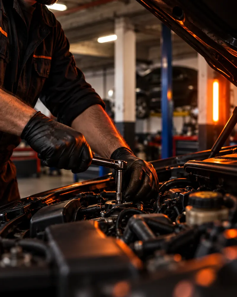 Mechanic servicing a car engine with a ratchet