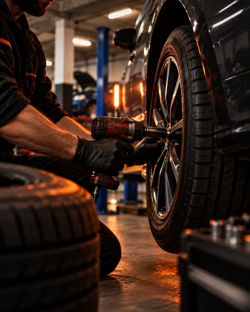 Technician fitting a tyre with an impact wrench